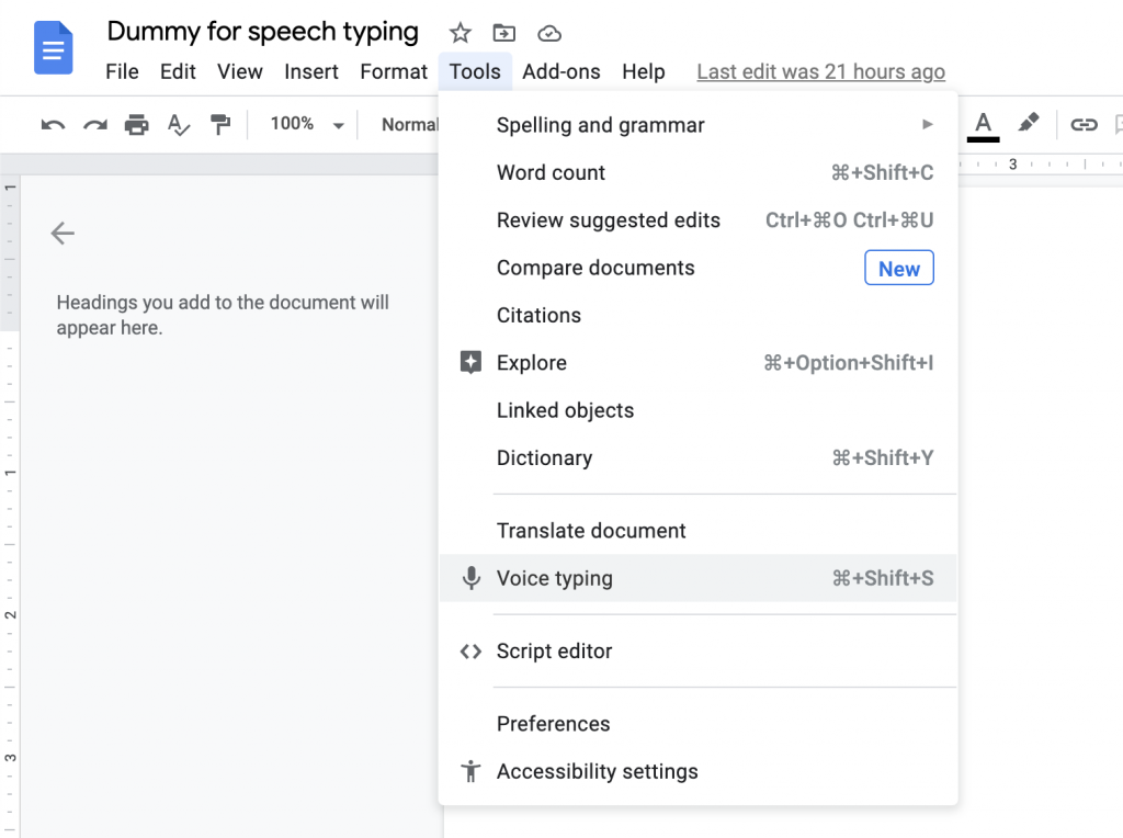 google docs speech to text